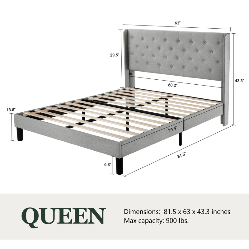 Queen Size Diamond Upholstered Platform Bed Frame with Deluxe Wing Back, Drak Gray