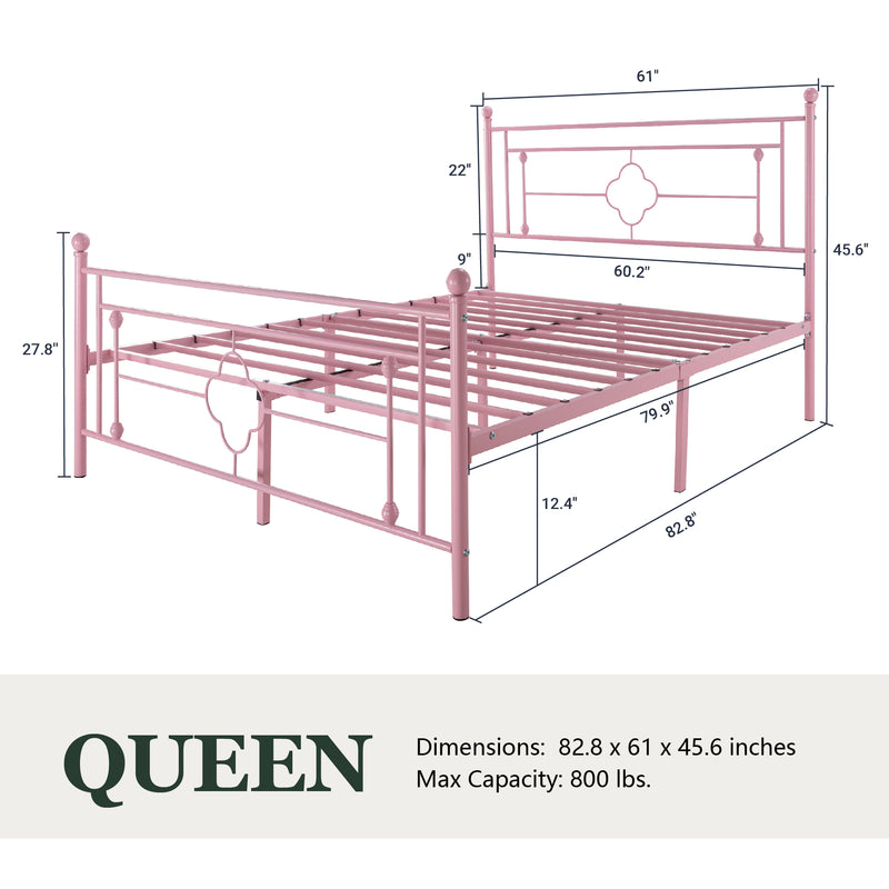 Queen Size Metal Bed Frame with Vintage Cross Pattern Headboard and Footboard, Black