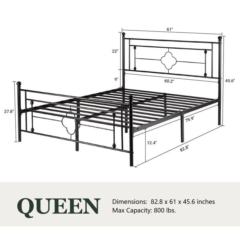 Queen Size Metal Bed Frame with Vintage Cross Pattern Headboard and Footboard, Black