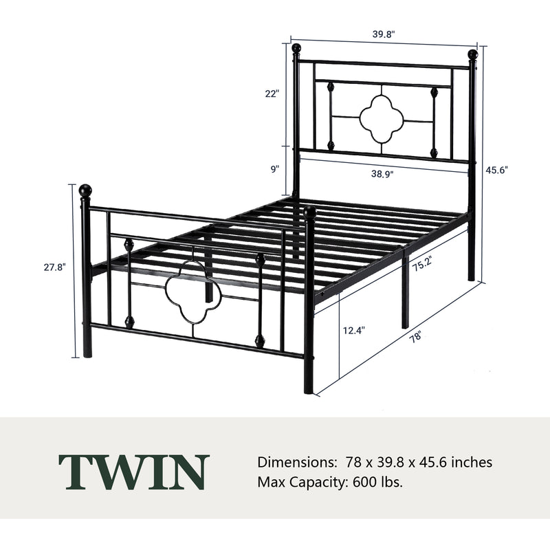 Queen Size Metal Bed Frame with Vintage Cross Pattern Headboard and Footboard, Black