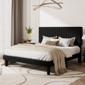 Upholstered Platform Bed Frame with Vertical Channel Tufted Velvet Headboard, Black