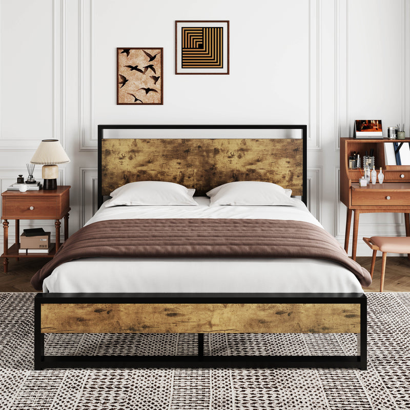 Modern Bed Frame with Wooden Industrial Headboard, Noise Free Design