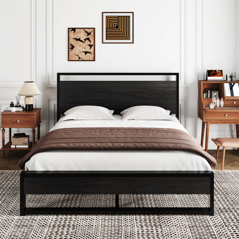 Modern Bed Frame with Wooden Industrial Headboard, Noise Free Design