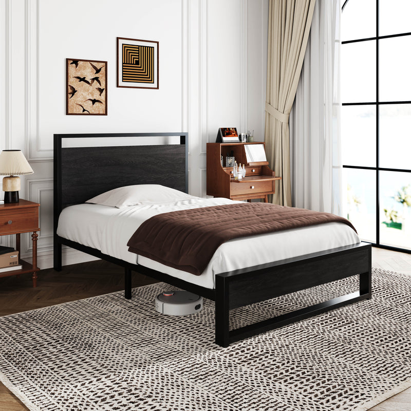 Modern Bed Frame with Wooden Industrial Headboard, Noise Free Design