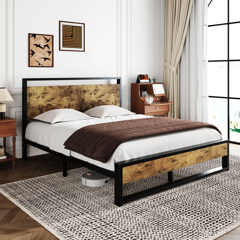 Modern Bed Frame with Wooden Industrial Headboard, Noise Free Design