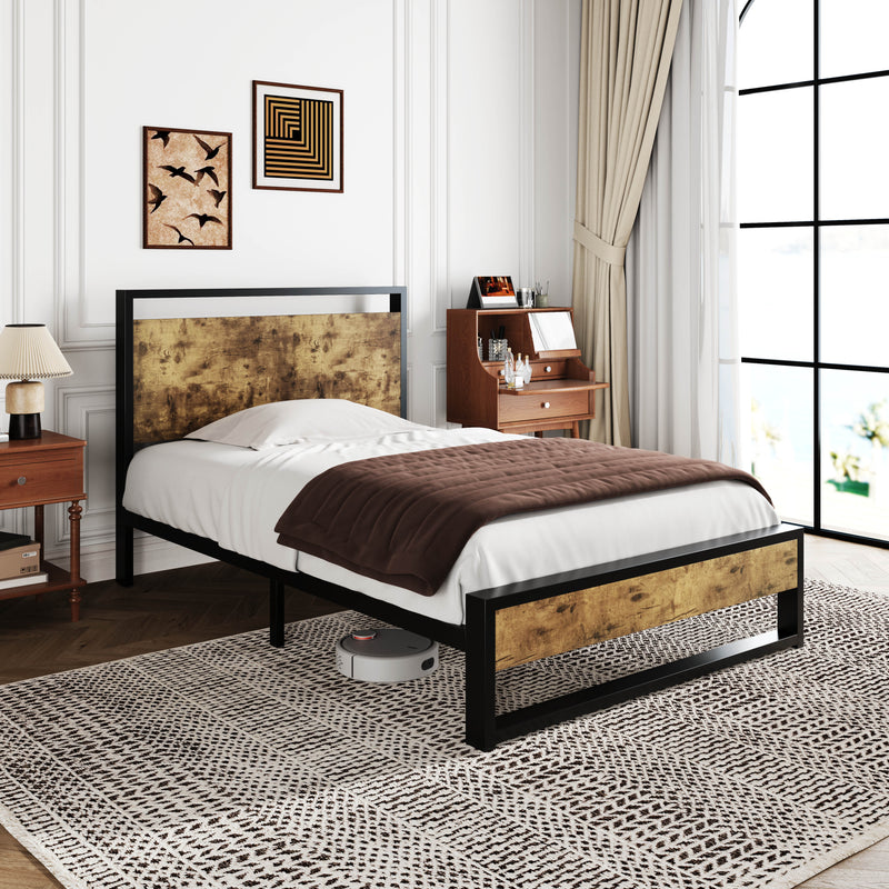 Modern Bed Frame with Wooden Industrial Headboard, Noise Free Design