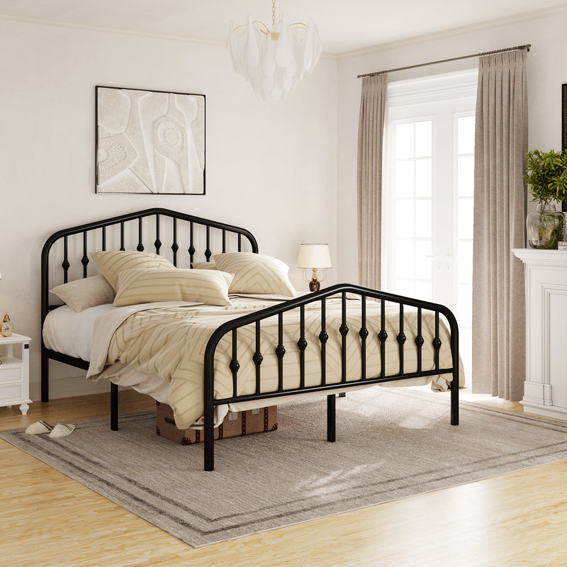 Queen Size Metal Bed Frame with Delicate Headboard and Footboard, Black