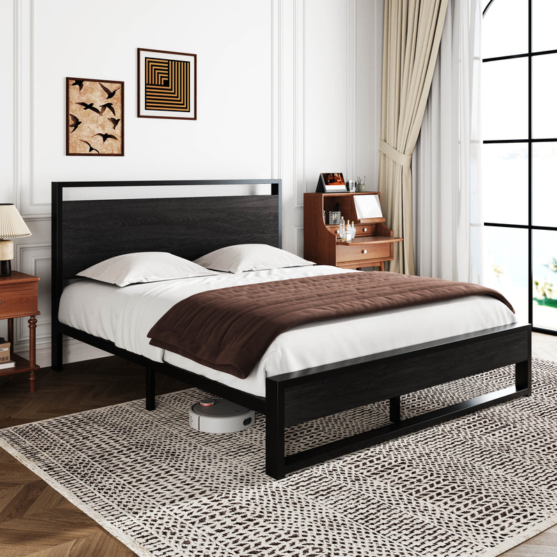 Modern Bed Frame with Wooden Industrial Headboard, Noise Free Design