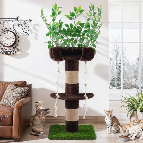 Amolife Cat Tree Tower Condo with Leaves, Lawn & Scratching Post, Green & Brown