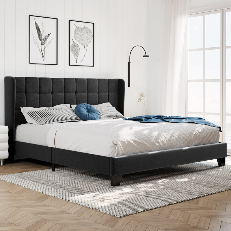 Queen Size Platform Bed with Wingback Headboard, Square Stitched Style, Dark Grey