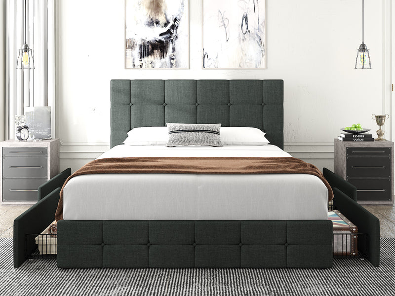 Queen Size Platform Bed Frame with Headboard and 4 Storage Drawers, Button Tufted Style, Dark Grey, Mattress Not Included