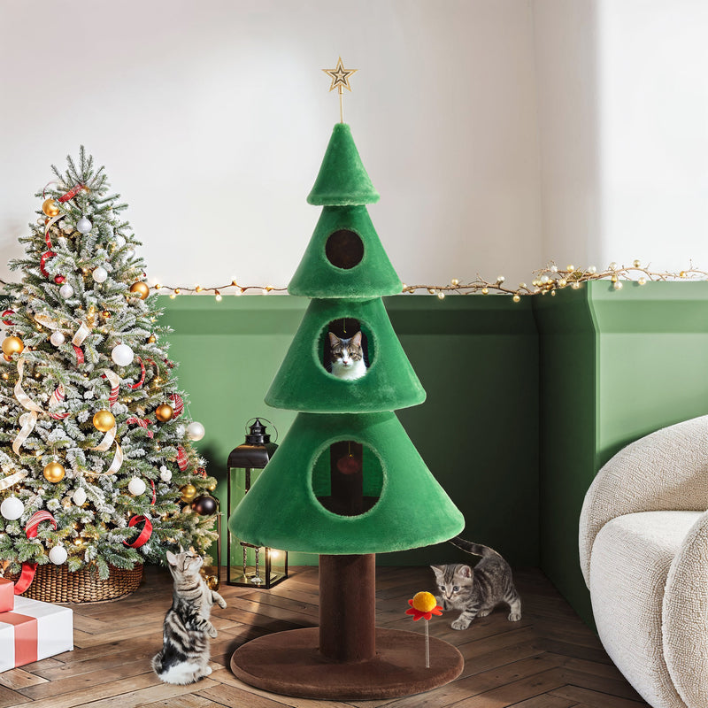 Amolife Christmas Cat Tree Tower Condo with Balls & Cat Teaser, Green