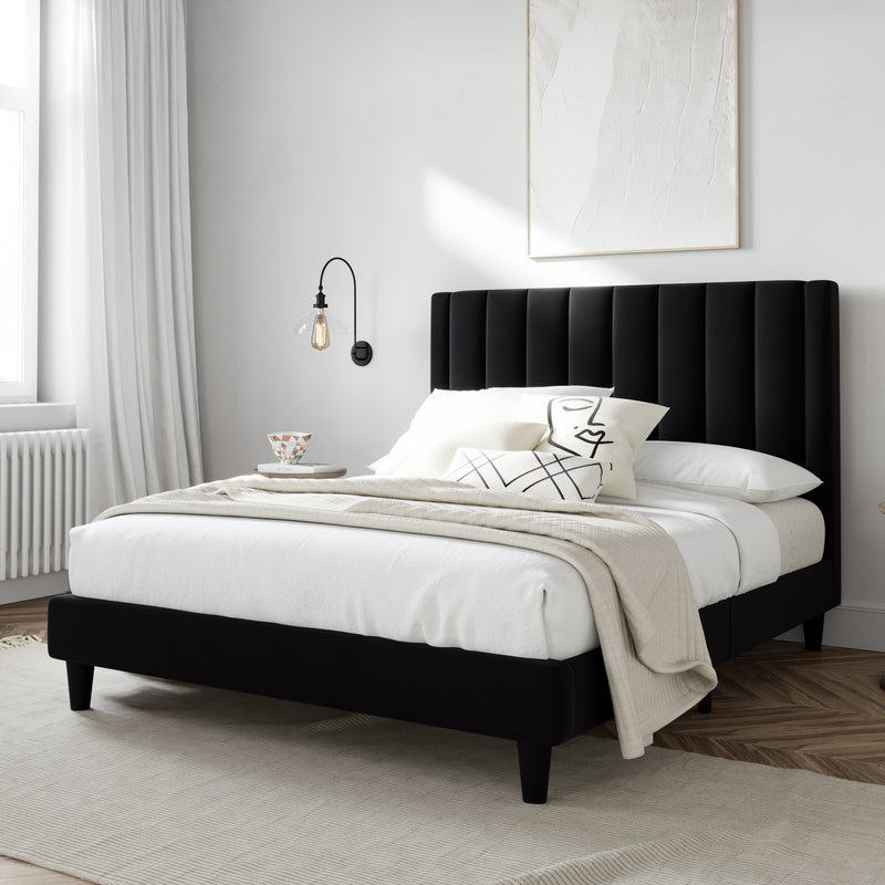 Velvet Upholstered Platform Bed Frame with Headboard, Strong Wood Slats Support