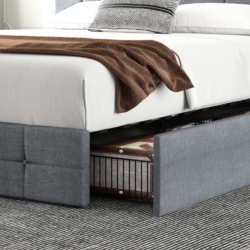 Queen Size Platform Bed Frame with Headboard and 4 Storage Drawers, Button Tufted Style, Dark Grey, Mattress Not Included