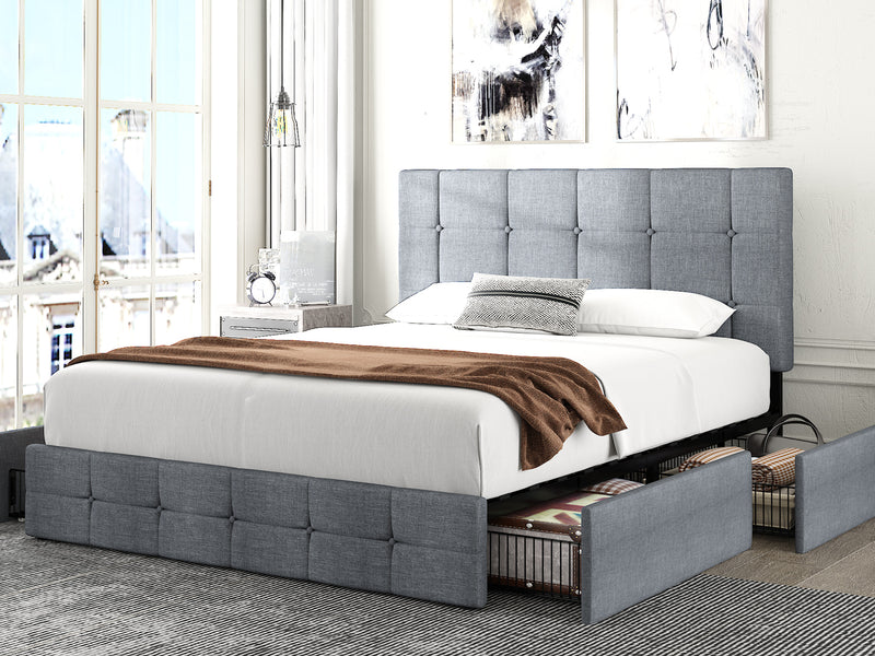 Queen Size Platform Bed Frame with Headboard and 4 Storage Drawers, Button Tufted Style, Dark Grey, Mattress Not Included