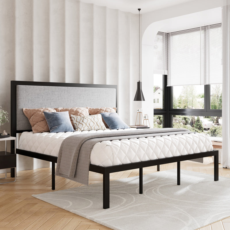 Queen Size Platform Bed Frame with Upholstered Headboard, Gray