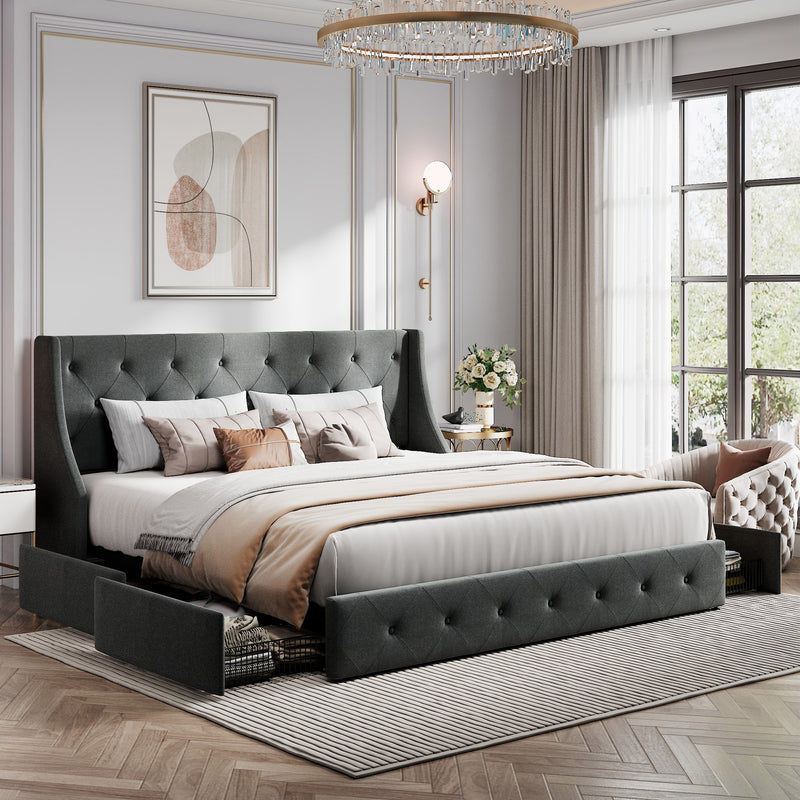 Queen Size Platform Bed Frame with 4 Storage Drawers and Wingback Headboard, Diamond Stitched Button Tufted Style, Dark Gray