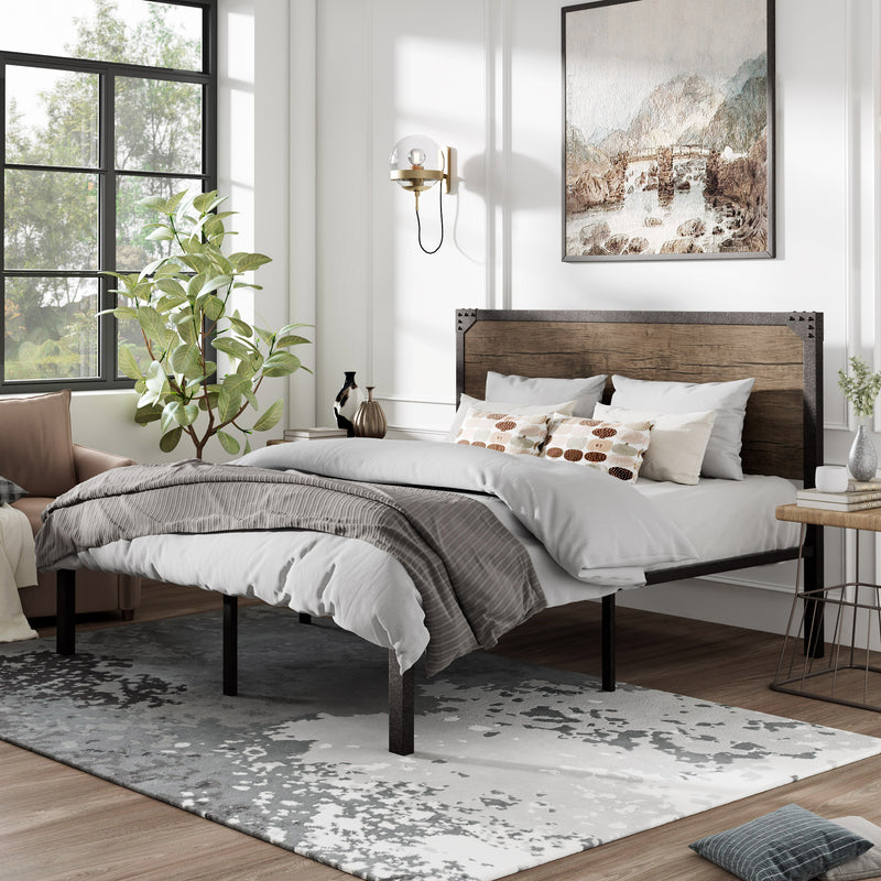 Amolife Metal Platform Bed Frame with Industrial Wooden Rivet Headboard