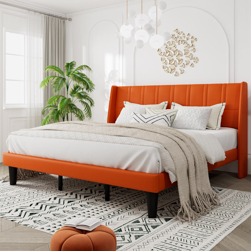 Queen Size Faux Leather Platform Bed Frame with Exquisite Wingback Headboard, Orange