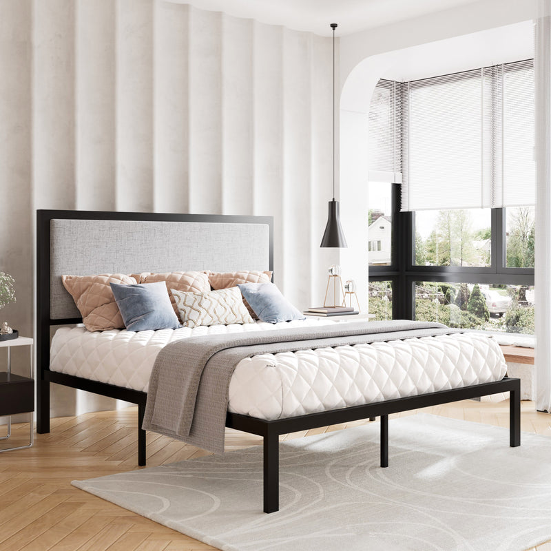 Queen Size Platform Bed Frame with Upholstered Headboard, Gray