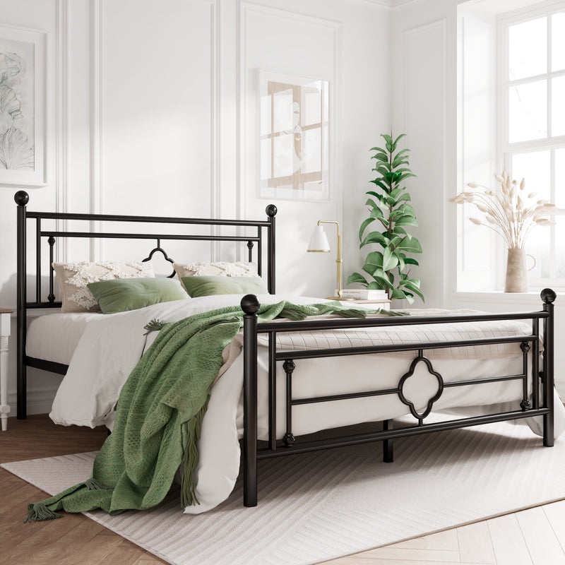 Queen Size Metal Bed Frame with Vintage Cross Pattern Headboard and Footboard, Black