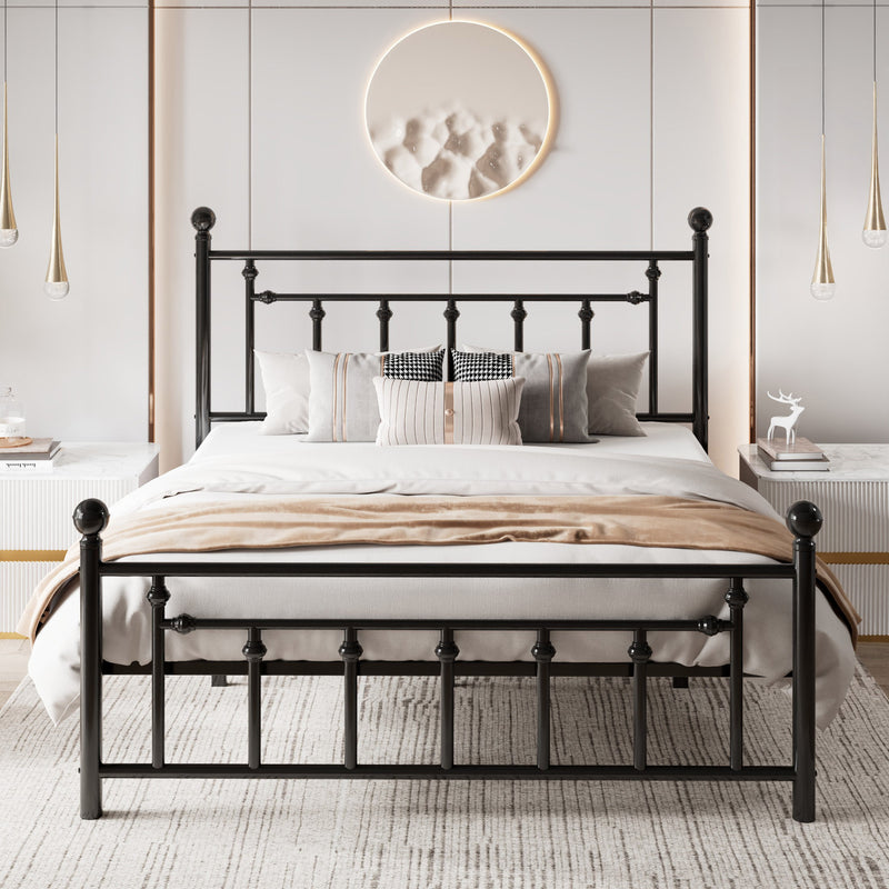 Queen Size Metal Bed Frame with Victorian Vintage Style Headboard and Footboard, Black