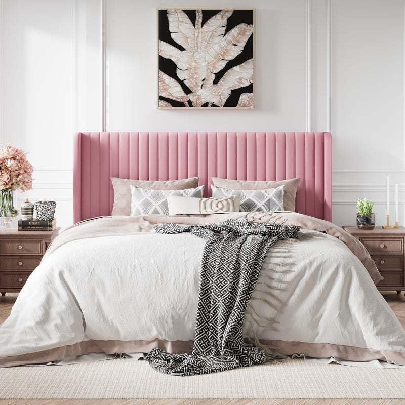 Queen Size Velvet Vertical Stripe Upholstered Bed Frame with Wingback Headboard, Off-White