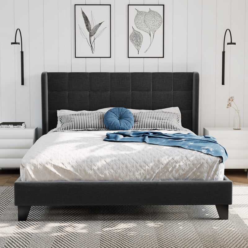 Queen Size Platform Bed with Wingback Headboard, Square Stitched Style, Dark Grey