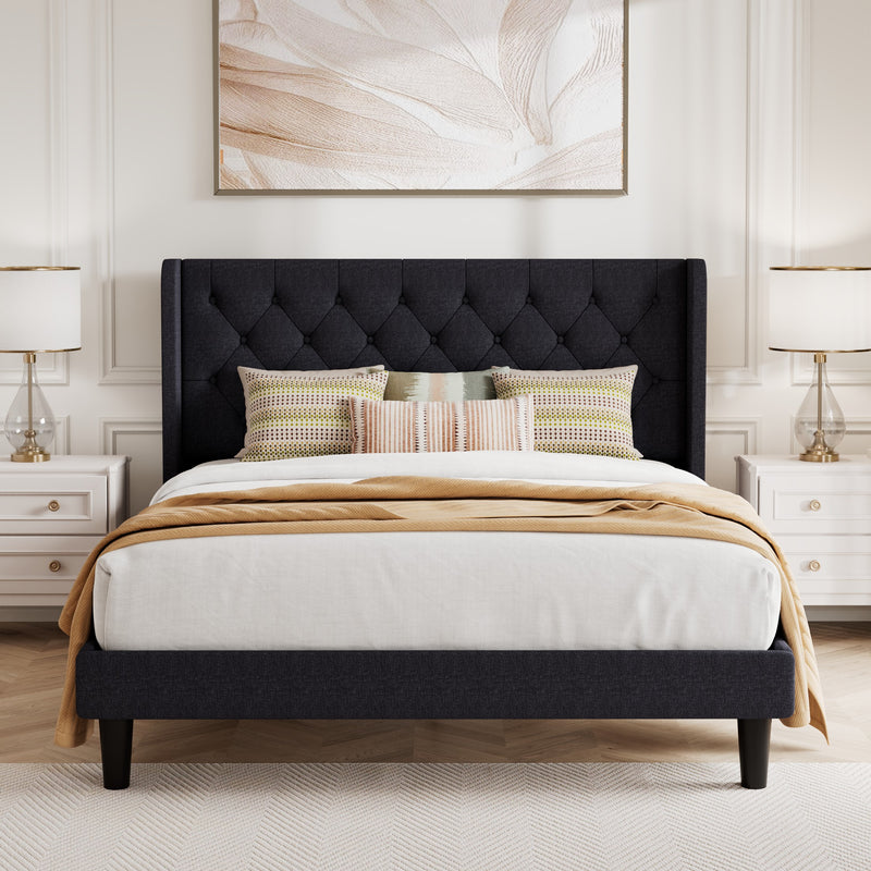 Queen Size Diamond Upholstered Platform Bed Frame with Deluxe Wing Back, Drak Gray