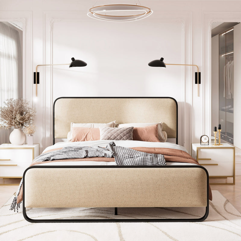 Queen Size Platform Bed Frame with Curved Upholstered Headboard and Footboard, Beige