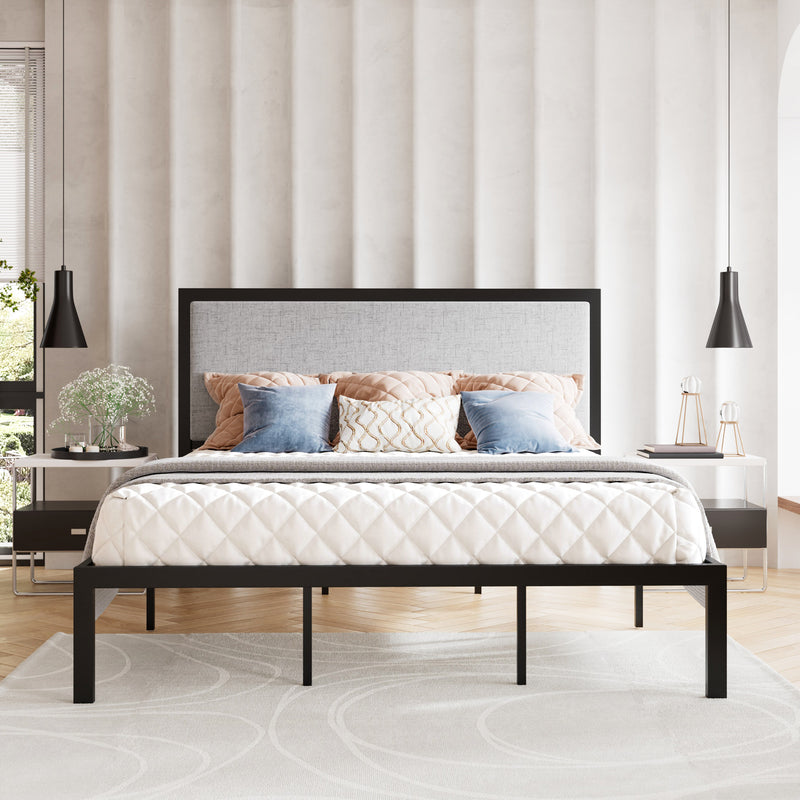 Queen Size Platform Bed Frame with Upholstered Headboard, Gray