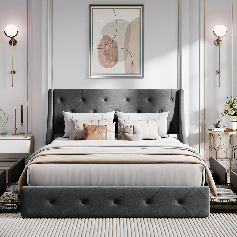 Queen Size Platform Bed Frame with 4 Storage Drawers and Wingback Headboard, Diamond Stitched Button Tufted Style, Dark Gray