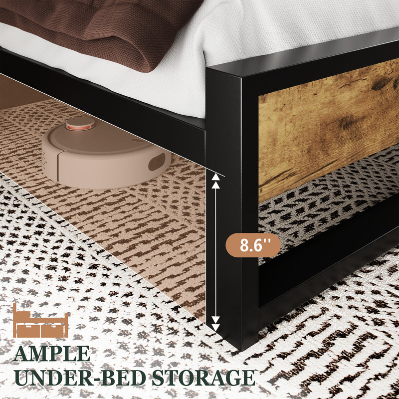 Modern Bed Frame with Wooden Industrial Headboard, Noise Free Design