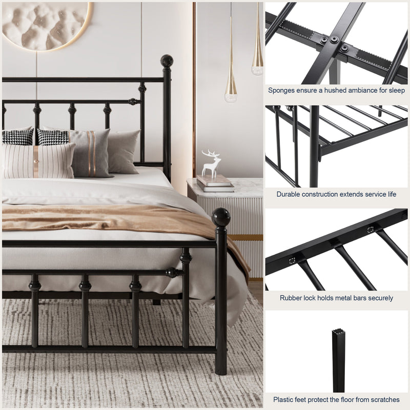 Queen Size Metal Bed Frame with Victorian Vintage Style Headboard and Footboard, Black