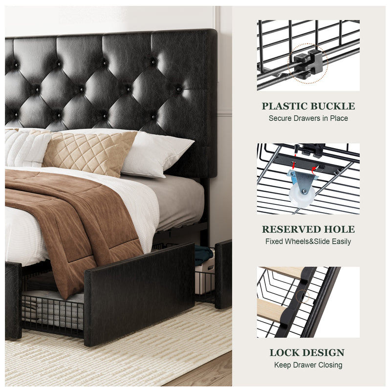 Faux Leather Platform Bed Frame with 4 Storage Drawers, Button Tufted Style Hedboard