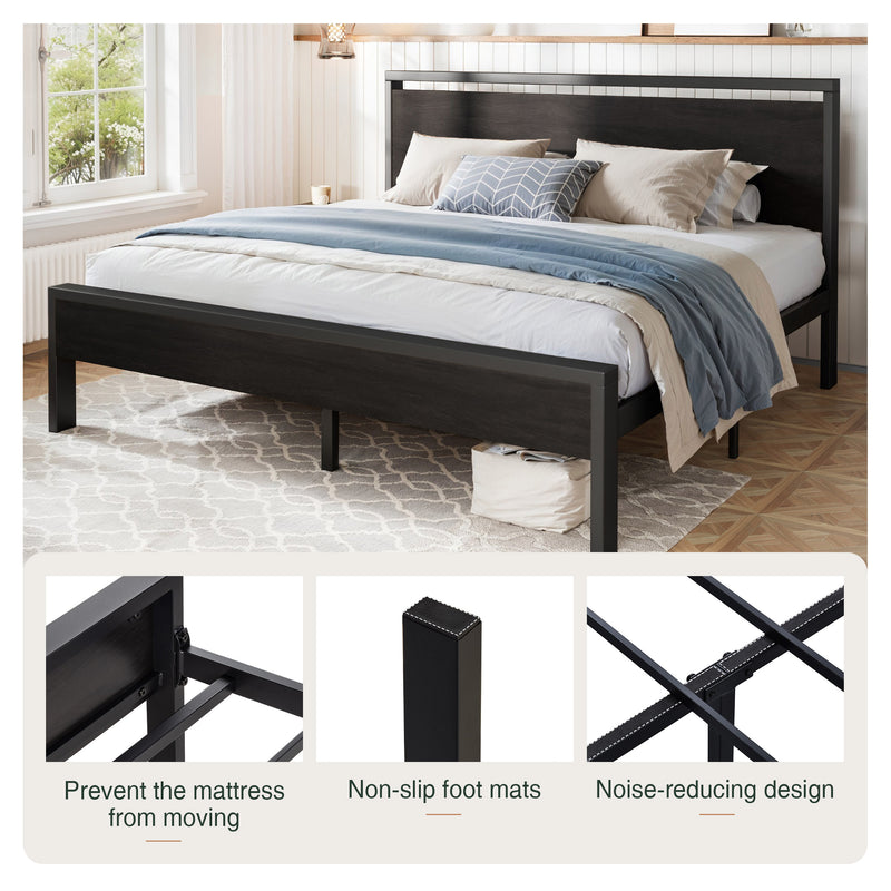 Amolife Metal Platform Bed Frame with Wooden Headboard & Footboard, Black Oak, Adult