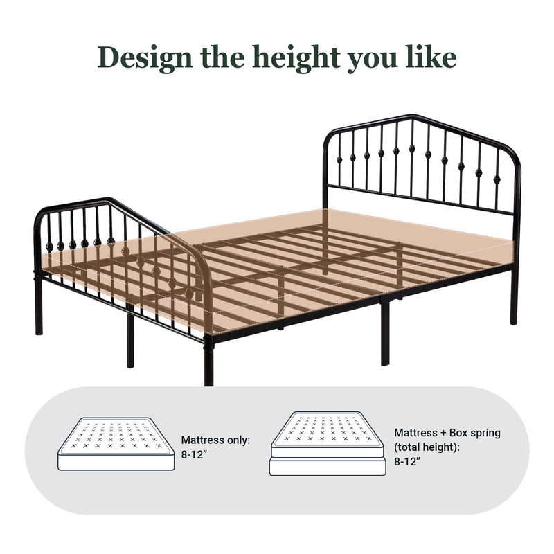 Queen Size Metal Bed Frame with Delicate Headboard and Footboard, Black