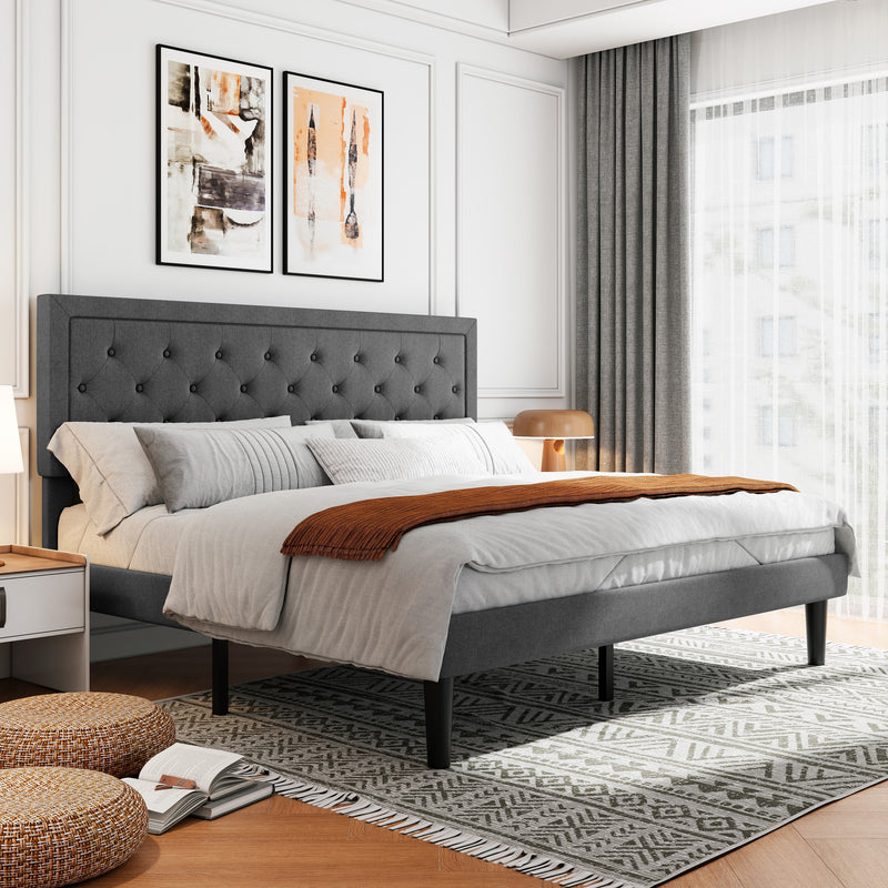 Amolife Fabric Upholstered Platform Bed Frame with Button Tufted Headboard