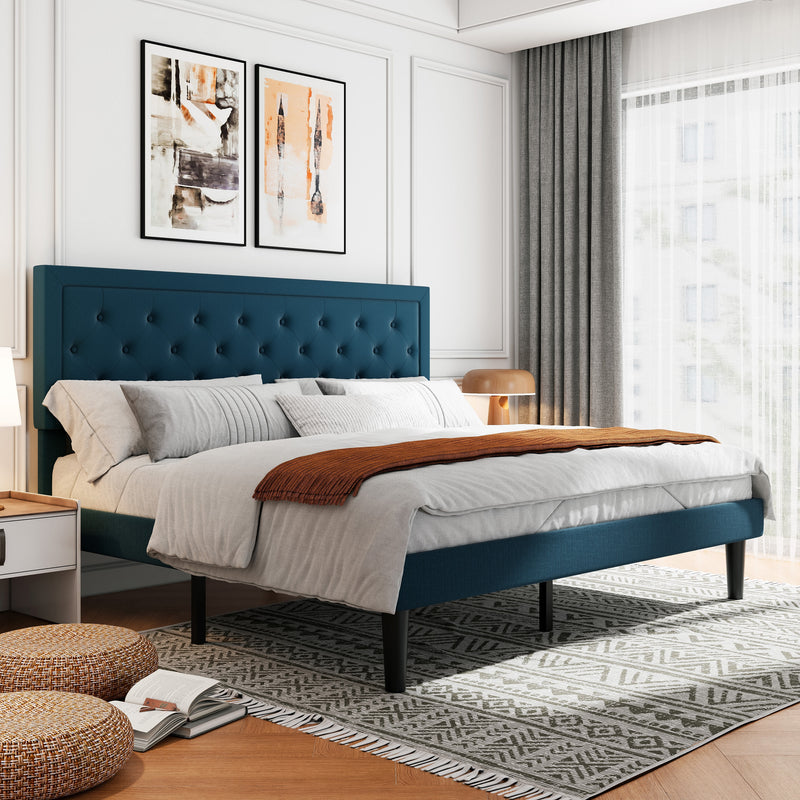 Amolife Fabric Upholstered Platform Bed Frame with Button Tufted Headboard