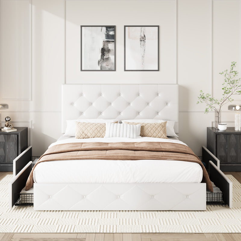 Faux Leather Platform Bed Frame with 4 Storage Drawers, Button Tufted Style Hedboard