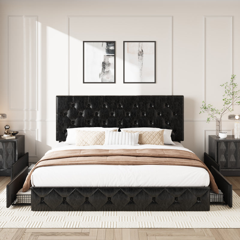 Faux Leather Platform Bed Frame with 4 Storage Drawers, Button Tufted Style Hedboard