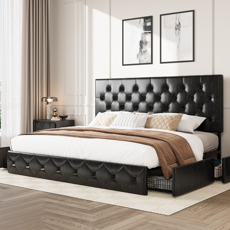 Faux Leather Platform Bed Frame with 4 Storage Drawers, Button Tufted Style Hedboard