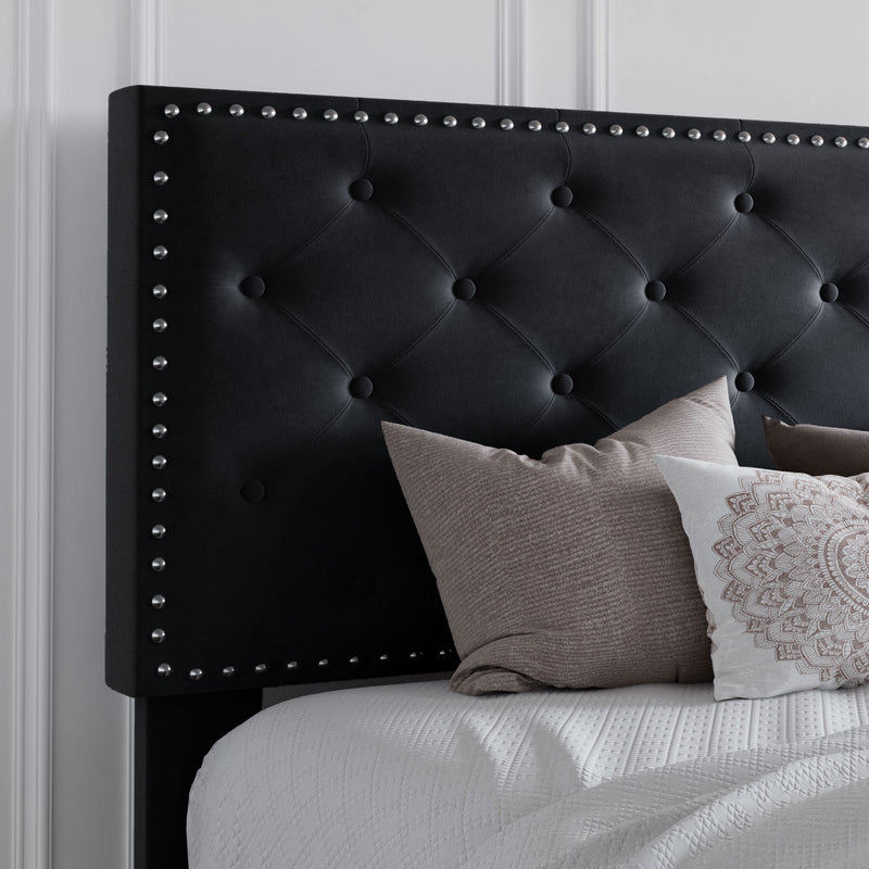 Queen Bed Frame with Adjustable Velvet-Studded Headboard, Black