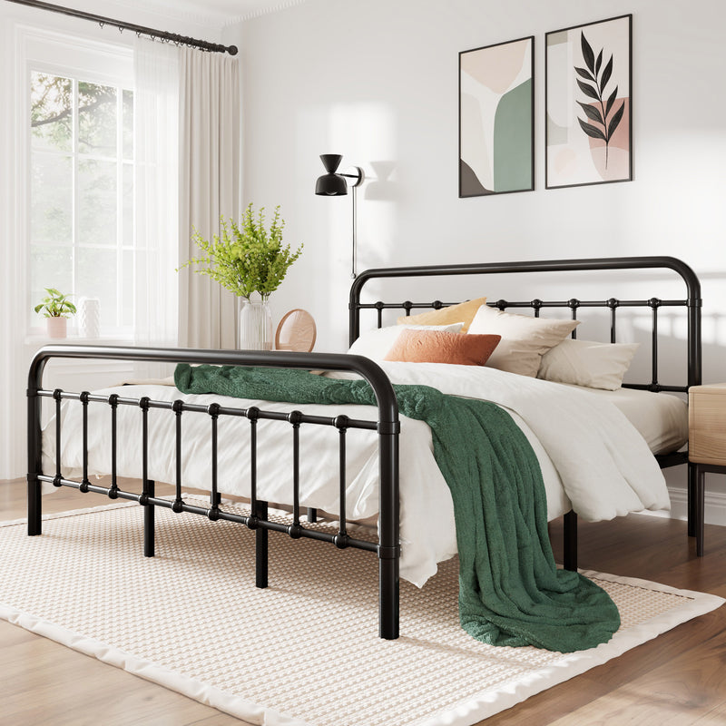 Queen Size Platform Bed Frame With Vintage Headboard and Footboard, Black