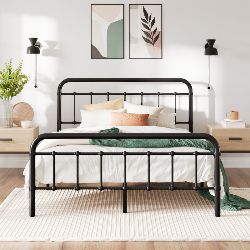 Queen Size Platform Bed Frame With Vintage Headboard and Footboard, Black