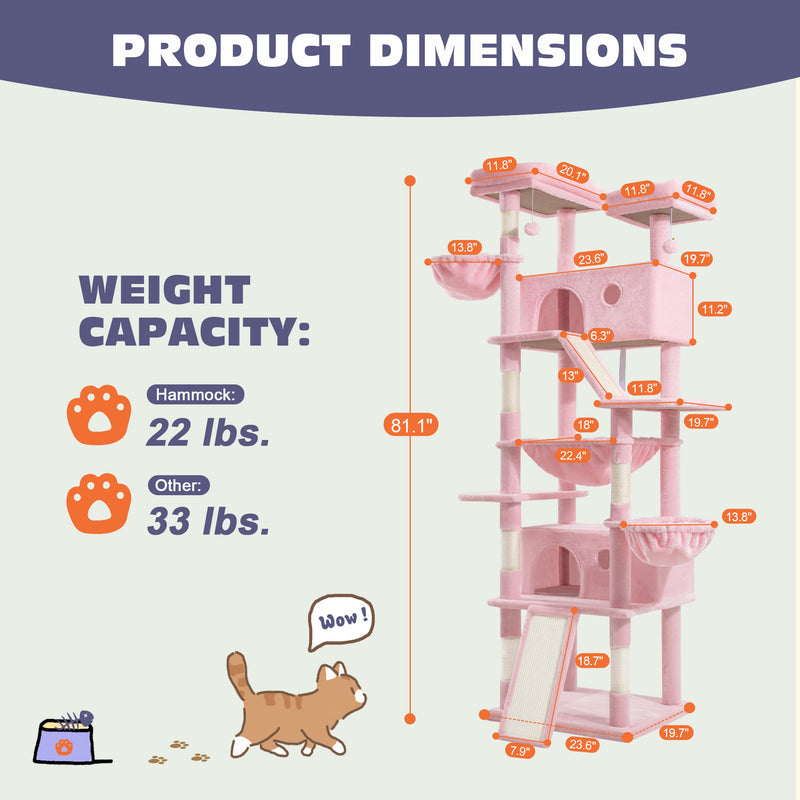 Amolife 81"H X-Large Cat Tree and Tower with Cat Condo House & 2 Scratching Ramps, Hammock & Scratching Posts