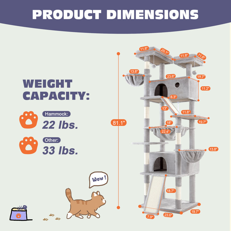 Amolife 81"H X-Large Cat Tree and Tower with Cat Condo House & 2 Scratching Ramps, Hammock & Scratching Posts