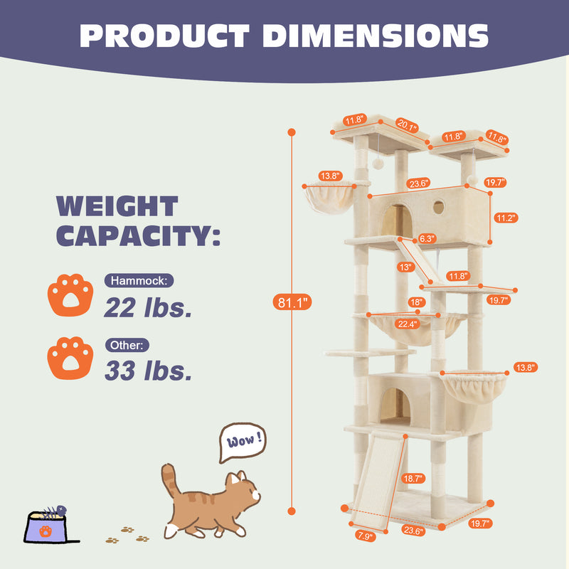 Amolife 81"H X-Large Cat Tree and Tower with Cat Condo House & 2 Scratching Ramps, Hammock & Scratching Posts