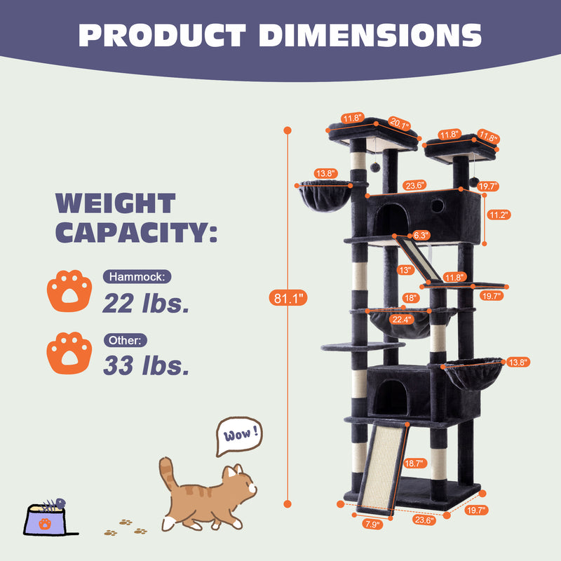 Amolife 81"H X-Large Cat Tree and Tower with Cat Condo House & 2 Scratching Ramps, Hammock & Scratching Posts