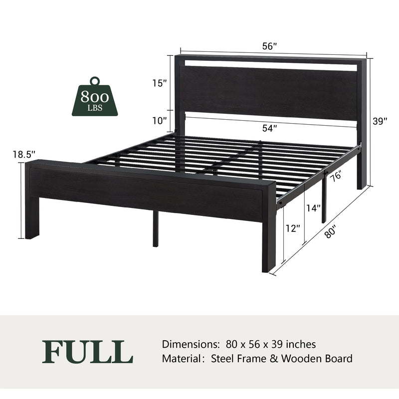 Amolife Metal Platform Bed Frame with Wooden Headboard & Footboard, Black Oak, Adult